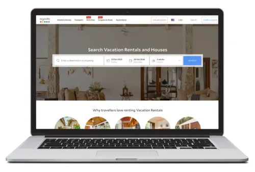 Digital rendering of a laptop showing the homepage of Agoda